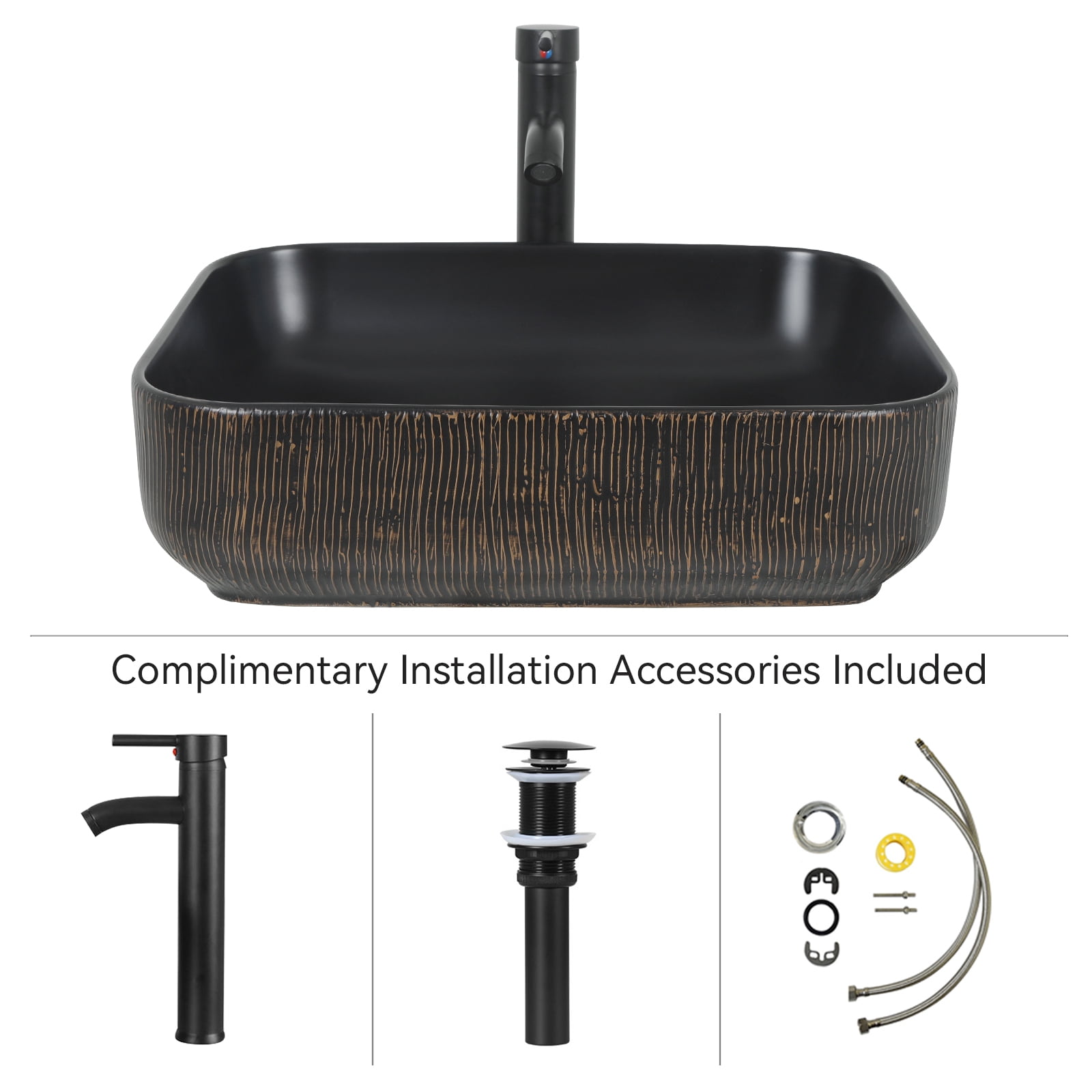 FULLWATT Ceramic Bathroom Sink, Above Counter Ceramic Vanity with Faucet and Pop-Up Drain Combo, Rectangular Modern Above Counter Bathroom Sink