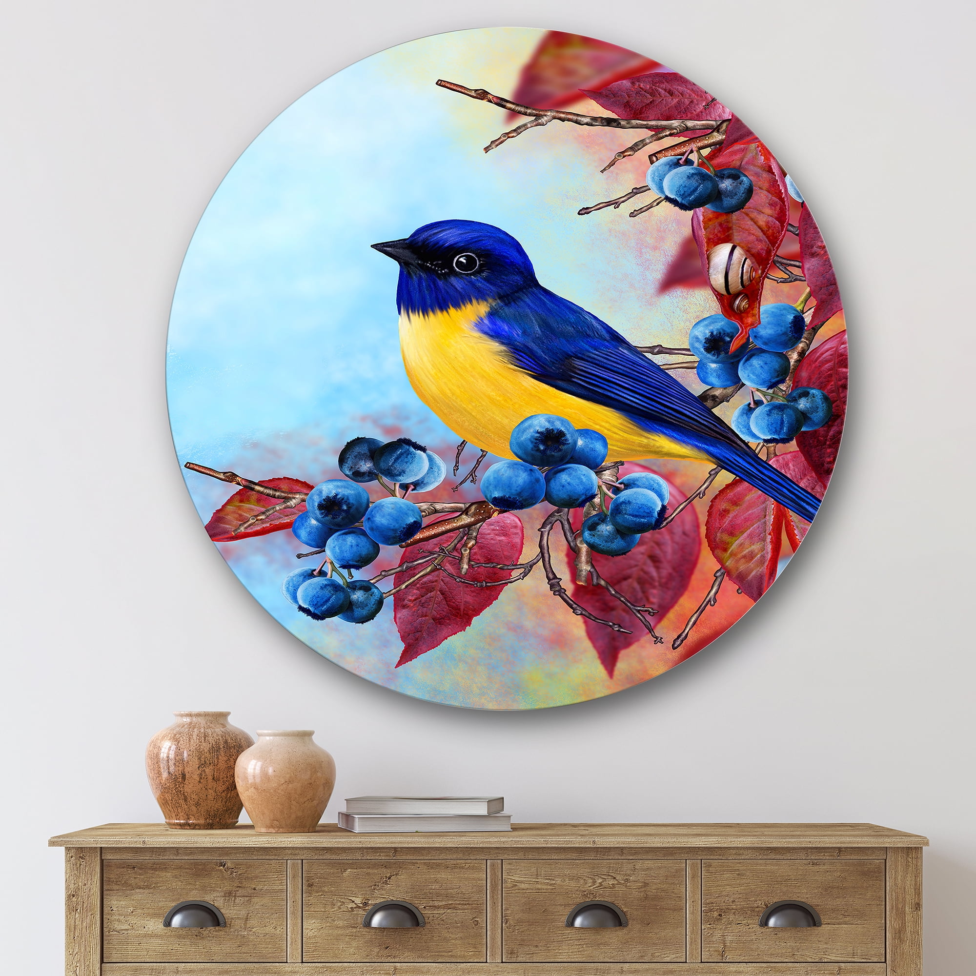 Designart 'Bright Bird Bullfinch Sitting On A Branch of Berries I' Traditional Circle Metal Wall Art 36x36 - Disc of 36