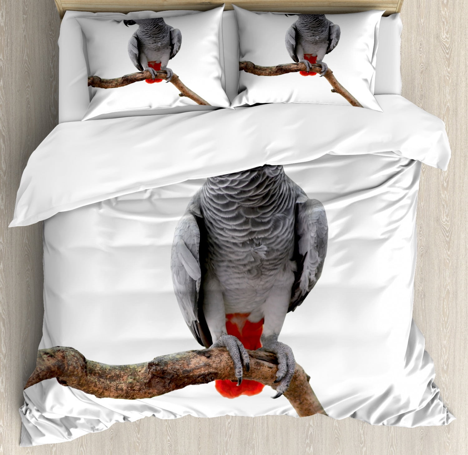 Grey Duvet Cover Set King Size, African Parrot Bird Psittacus Erithacus