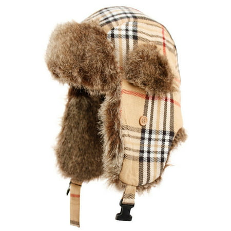 Plaid Trapper Hat w/ Faux Fur Warm Hunting Hat Ear