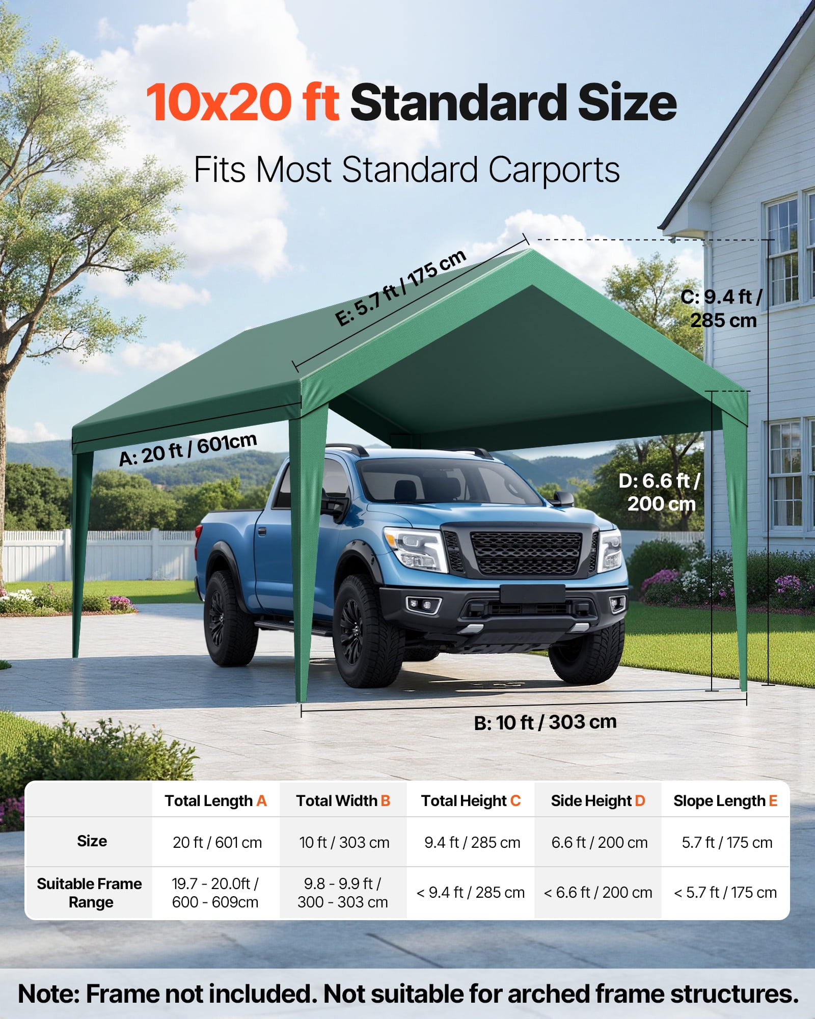VEVOR Carport Replacement Canopy, 10 x 20 ft Potable Garage Tent Top Tarp, UV-Resistant & Waterproof Car Shelter Tarp, Heavy Duty Car Port Cover with Ball Buggees, Dark Green, Frame Not Included