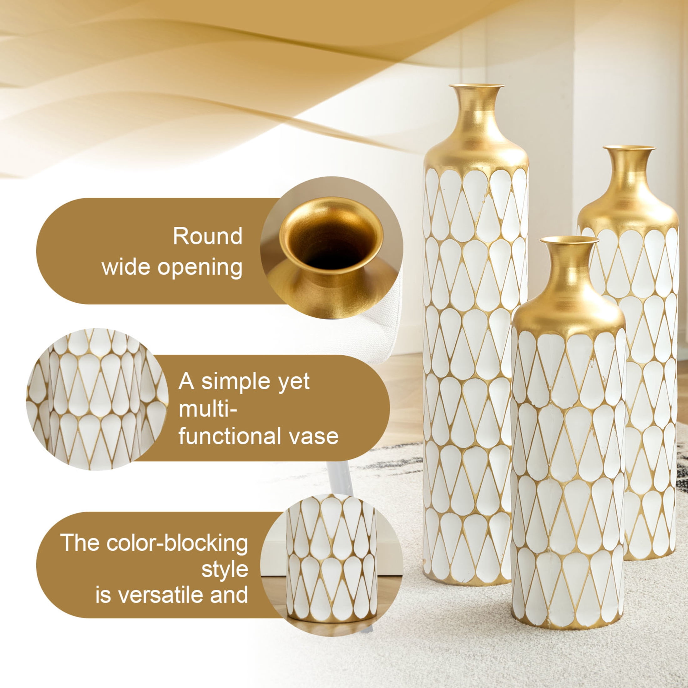Noble House 22.83", 27.17", 31.5" Metal Floor Vase Set of 3, Geometric Textured Vases, Gold+White