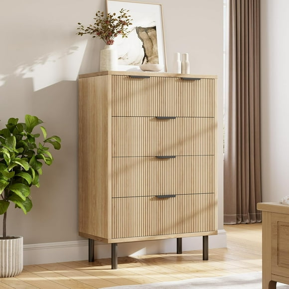 Oak Fluted 5 Drawer Dresser for Bedroom, Modern Wood Chest of Drawers with Wide Drawers, Closet Dresser Organizer with Anti-Tipping Device and Metal Legs for Hallway Entryway