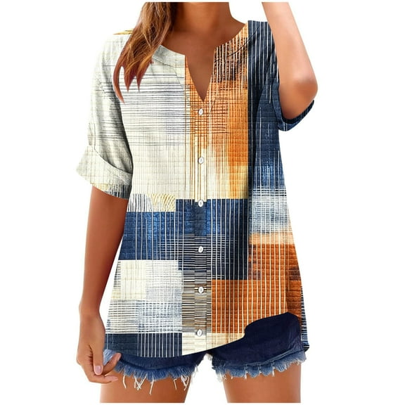 JSheng Women Summer Casual V-Neck Top Fashion Short Sleeved Plaid Graphic Gradient Color Summer Buttons Loose Fashion T-shirt Tops Navy M