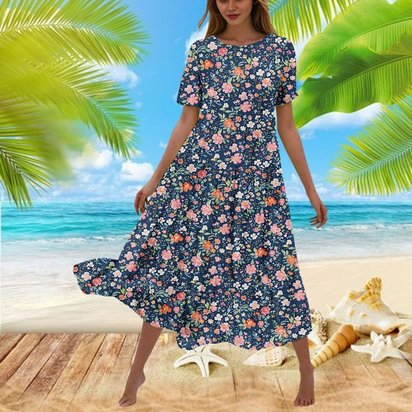 Women's Floral Print Casual Short Sleeve Tiered Maxi Dress with Pockets - Flowy Beach Dress for Summer, Travel, Daily Wear - Polyester Spandex Blend