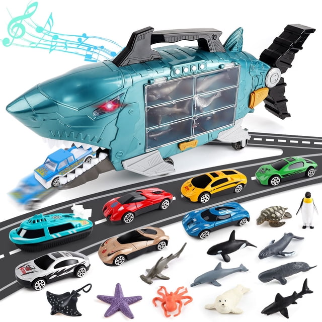 Camión de juguete DeaO Shark Transporter con 8 vehículos y animales