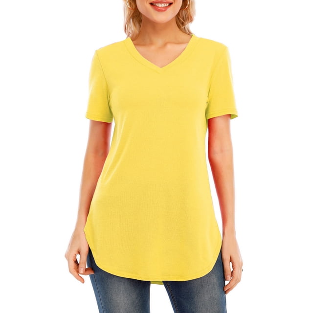 La nueva manga del cortocircuito del cuello del color sólido V de la camiseta de las mujeres MABOTO Amarillo/5XL