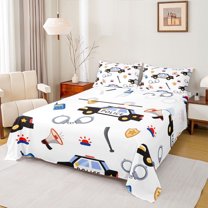 Castle Fairy Police Car Full Size Sheets 4-Piece for Kids Teens Children,Car Theme Breathable Bed Sheets,Cartoon Car Lightweight Sheet Sets,Ultra Soft Home Decor