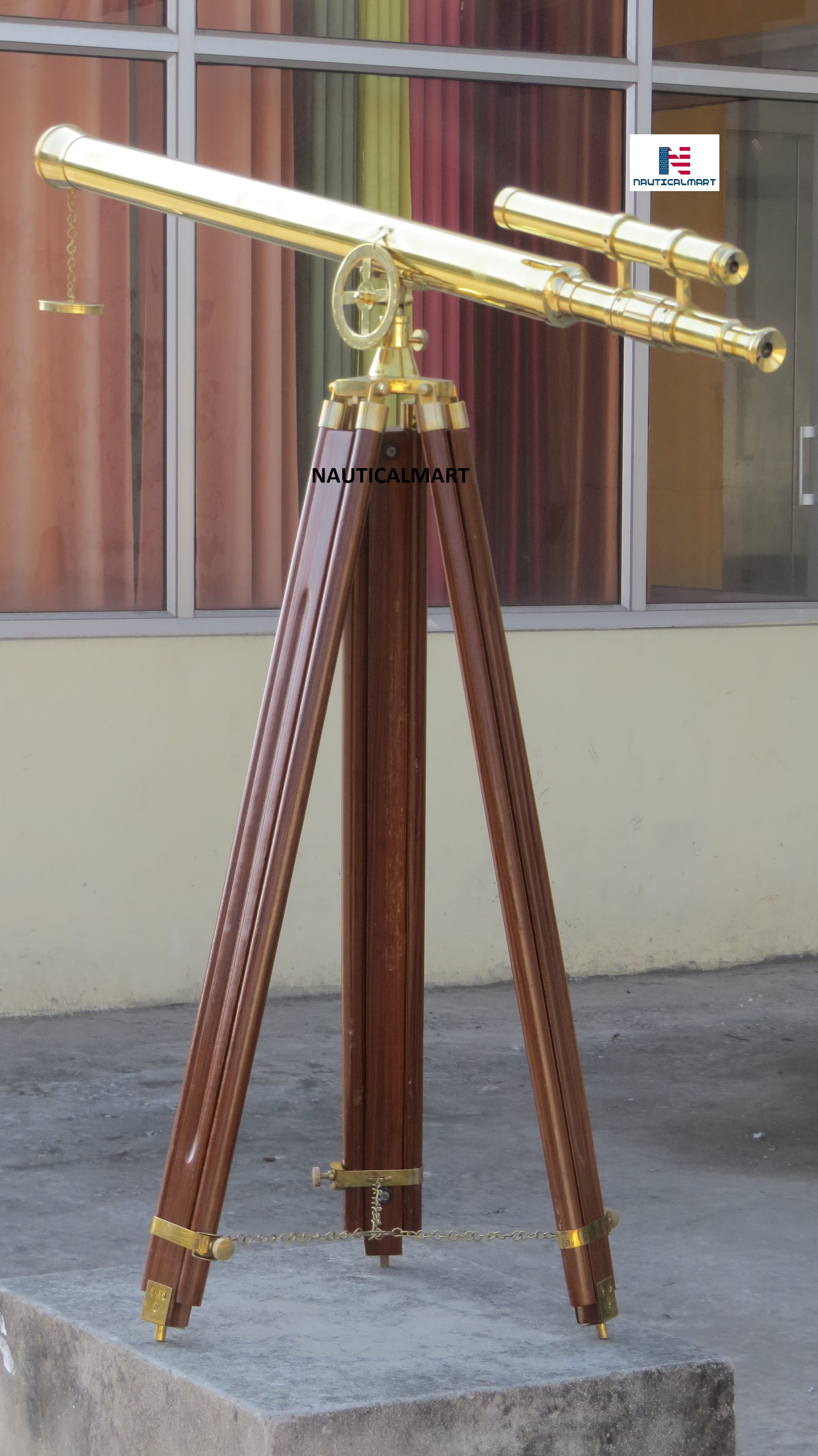 Floor Standing Tripod Home Decor Maritime Navy Brass Telescope Silver & Leather 