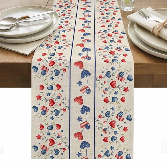 Independence Day Table Runner - 48 Inch Long, Kitchen Dining Table Runner Dresser Scarves, 4th of July Red Blue Strip Love Burlap Farmhouse Decor for Coffee Tables Wedding Party Banquet