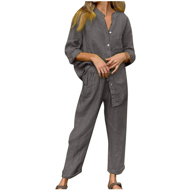 Timegard Plus Size Outfits for Women Button up Long Sleeve V Neck Tops Straight Wide Leg Pants with Pockets Lounge Sets