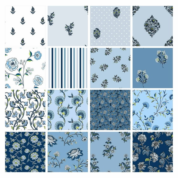 Soimoi 16 Pc Fat Quarter Bundle-BlockPrint 18"x 22"DIY Patchwork-100% CottonPre-Cut Quilting Fabric White & Blue