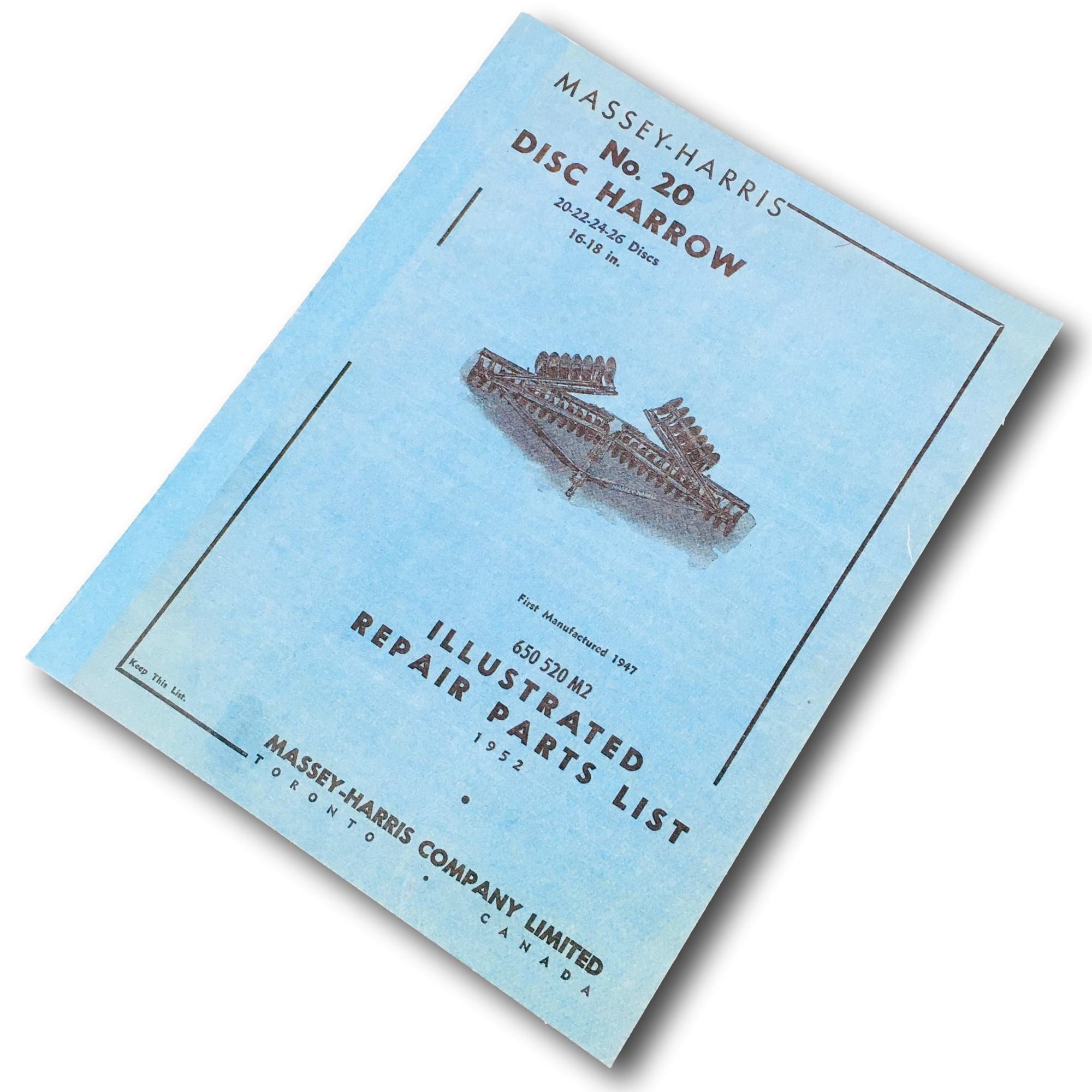 Massey Harris 20 Disc Harrow 20 22 24 26 Disc Parts Manual Catalog Book Assembly