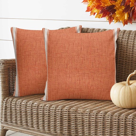 Orange Stripe Outdoor Waterproof Pillow Covers Set of 2, Rustic Minimalist Farmhouse Fabric Linen Texture Pillowcase Decorative Throw Cushion Cases for Patio Garden Couch 16 x 16 Inches