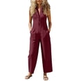 thumbnail image 3 of Women's Casual Linen Jumpsuit Pants, Cotton Solid Color Button Pocket, Elastic Waist Straight Leg, Loose Fit Trousers for Women, Business Casual Lounge Summer, Lightweight Soft, 3 of 8
