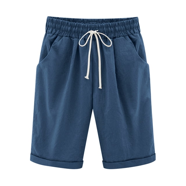 AherBiu Capri Pants for Women Casual Summer Elastic Waist Drawstring Loose Straight Solid Color Shorts