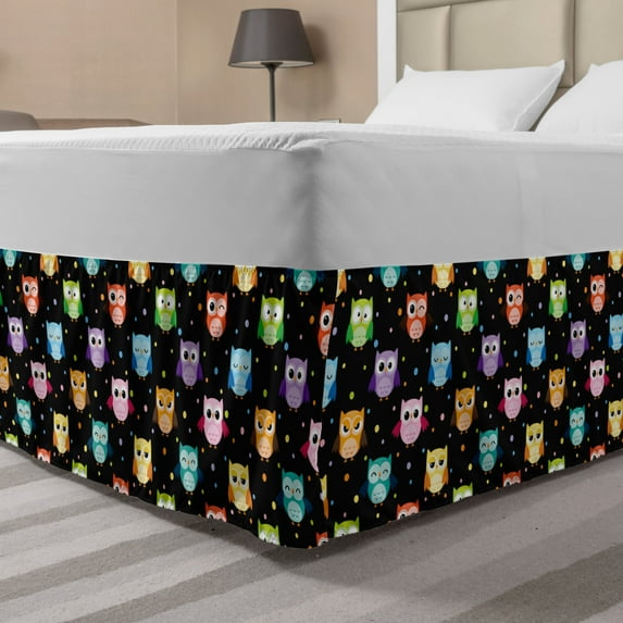 Owls Bed Skirt, Colorful Birds with Different Expressions Funny Confused Serious Characters Dots, Elastic Bedskirt Dust Ruffle Wrap Around for Bedding Decor, 4 Sizes, Black Multicolor, by Ambesonne