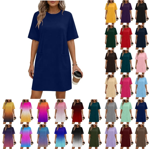 Casual Dresses for Women Solid Short Sleeve Dresses for Women Round Neck Bandage Womens Dresses Ladies Midi Dresses for Women, Navy-S