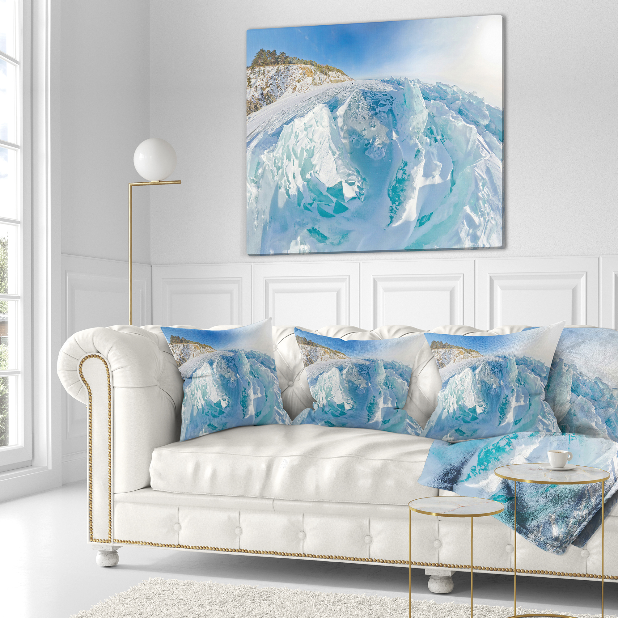 Designart Blue Ice Mountains in Lake Baikal Siberia - Landscape Printed Throw Pillow - 18x18