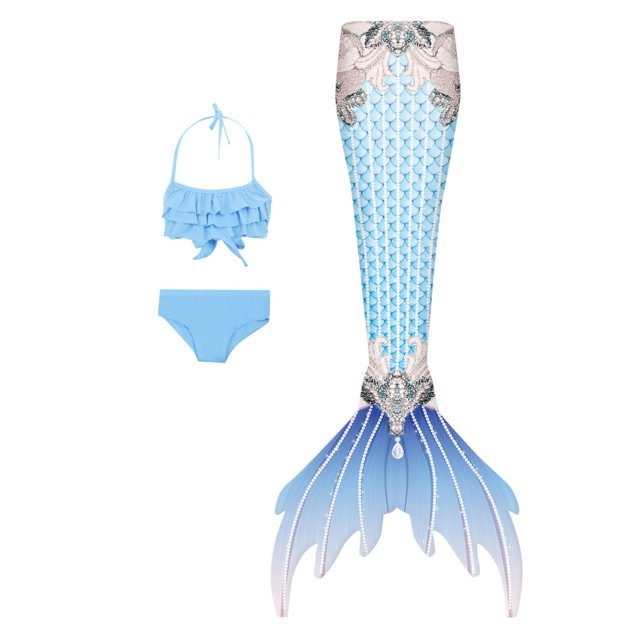 TIWEKE Couverture de Maillot de Bain Fille, Maillot de Bain Trois Pièces pour Enfants avec une Queue de Poisson Sans Bretelles Maillots de Bain pour Fille, 10-11 Ans