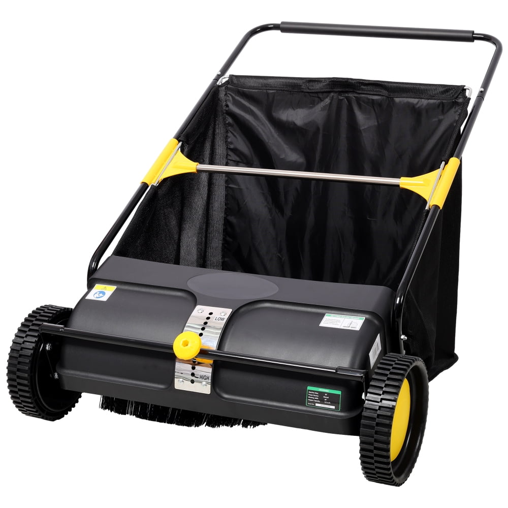Black 26‑Inch Hand Push Lawn Sweeper with Adjustable Brush Height 7 Cu. Ft Large‑Capacity Hopper Bag Leaf & Grass Collector for Yard & Garden