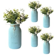 Mason Jar Centerpieces for Boys Baby Shower Decor, 32 oz Quart Size Mason Jars WITH Artificial Flowers, Light Blue Vases Boy Baptism Table Decor, Rustic Floral Baby Shower Decorations, 5 Pcs