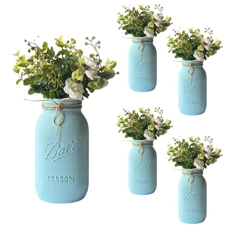Mason Jar Centerpieces for Boys Baby Shower Decor, 32 oz Quart Size Mason Jars WITH Artificial Flowers, Light Blue Vases Boy Baptism Table Decor, Rustic Floral Baby Shower Decorations, 5 Pcs