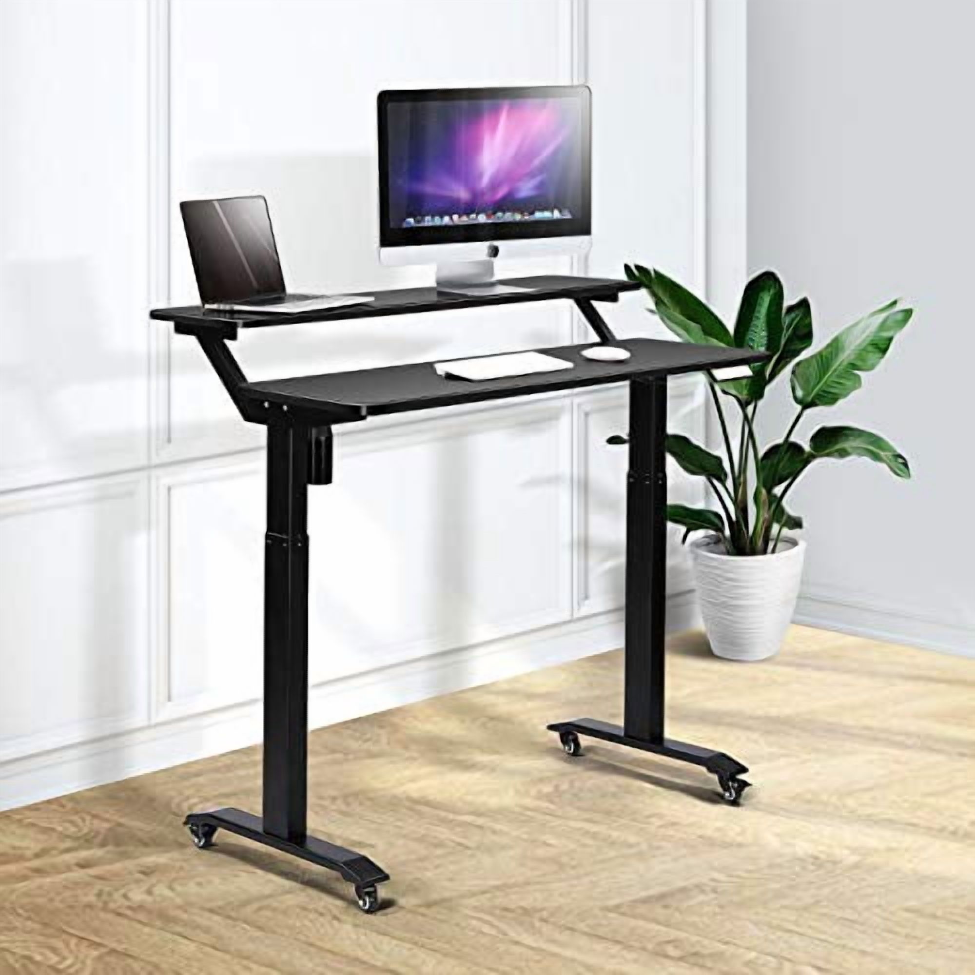 UNICOO® 2 Tier Electric Height Adjustable Standing Desk with Wheels, Electric Mobile Standing Workstation, Sit Stand Desk Home Office Desk Whole-Piece Desk Board 48 * 24 in (KT1002-BB) 2Tier