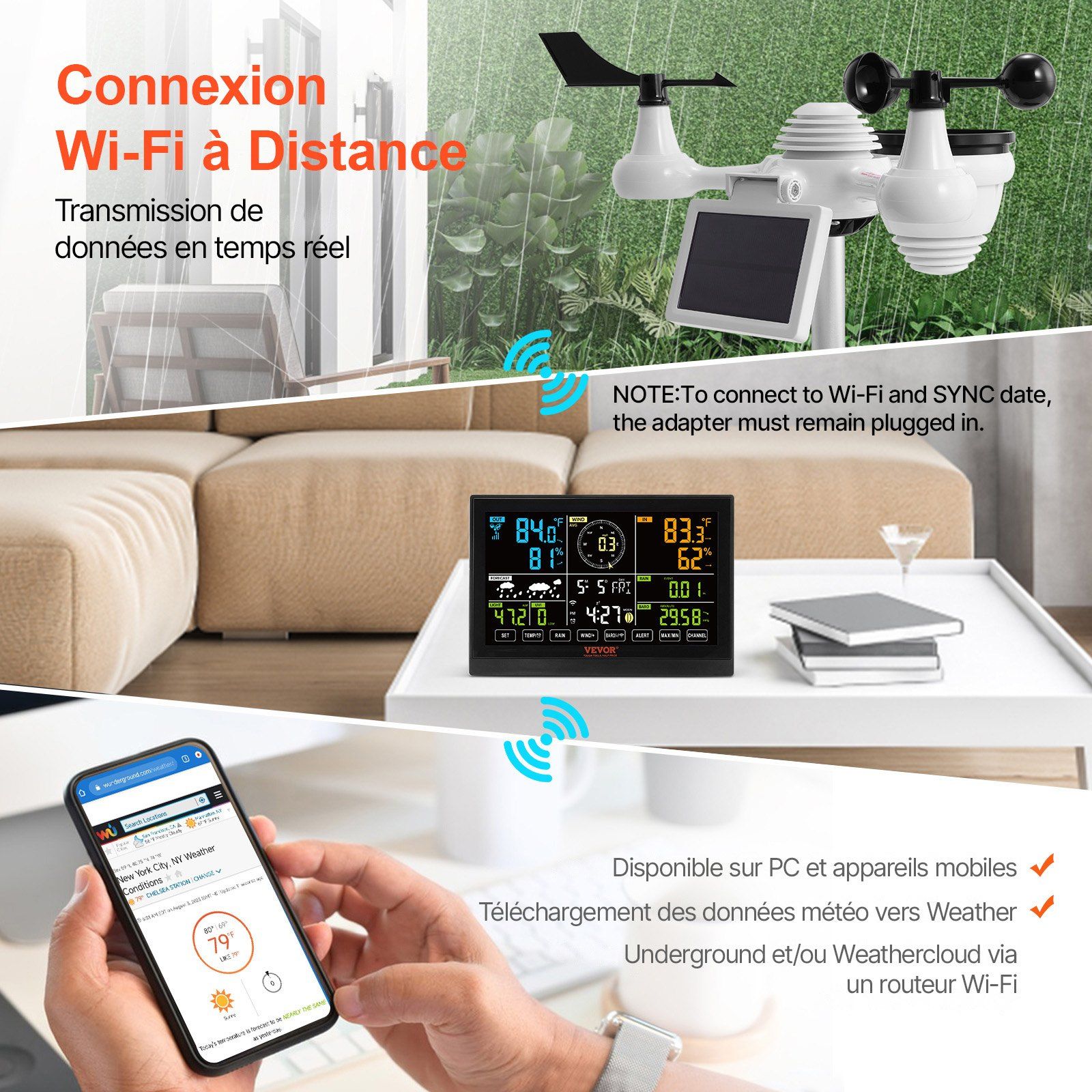 7-in-1 Wi-Fi Weather Station with 7.5 Inch Color Display Indoor Outdoor Solar Wireless Sensor for Temperature Humidity Wind Speed Direction Rain Alarm Alerts