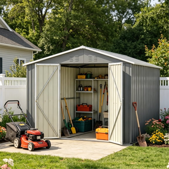LuckyNote 8x12 ft Lockable Metal Storage Shed, Large Outdoor Garden Tool Shed with Aluminum Frame, Double Doors, for Backyard, Gray