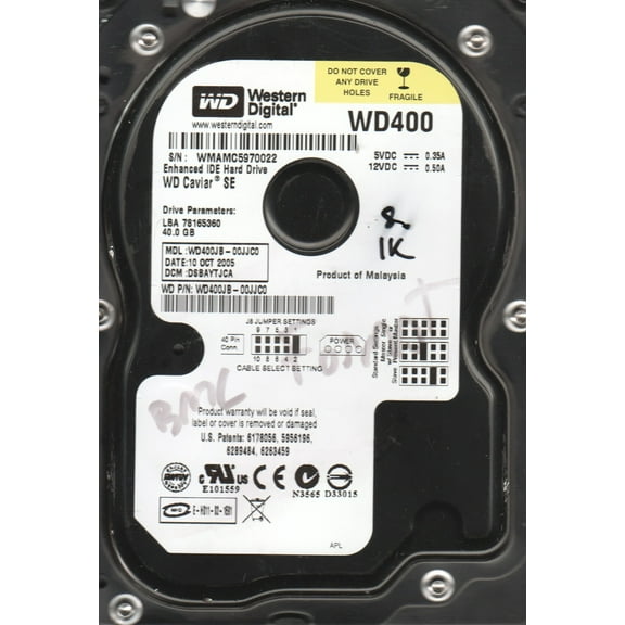 WD400JB-00JJC0, DCM DSBAYTJCA, Western Digital 40GB IDE 3.5 Hard Drive