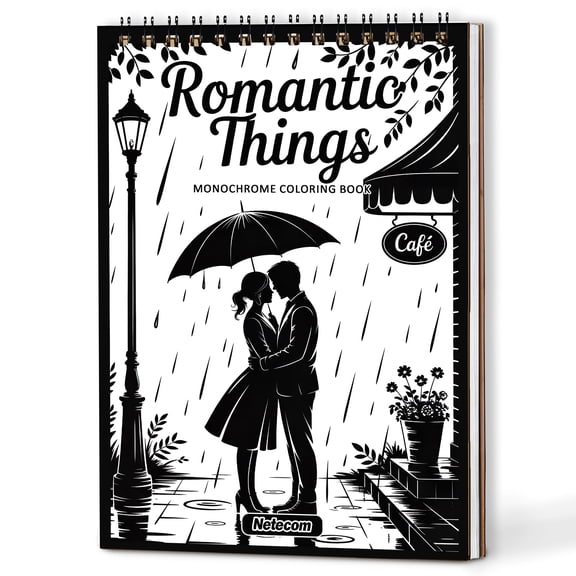 Romantic Things Monochrome Coloring Book Spiral Bound for Adults, A5 Wooden Cover, Relaxing One-Color Illustrations with Sweet Couples and Cozy Moment for Mindfulness, Stress Relief