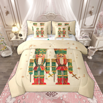 Manfei Vintage Nutcracker Twin Bedding Sets 7 Pieces, Gold Stars Snowflakes Bedding Comforter Set, Merry Xmas Sheet Sets, Lightweight Room Decor
