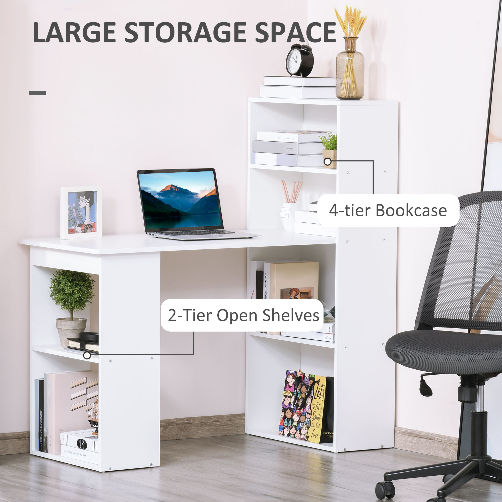 HOMCOM Modern Home Office Desk with 6-Tier Storage Shelves, 47" Writing Table with Bookshelf, White - image 4 of 9