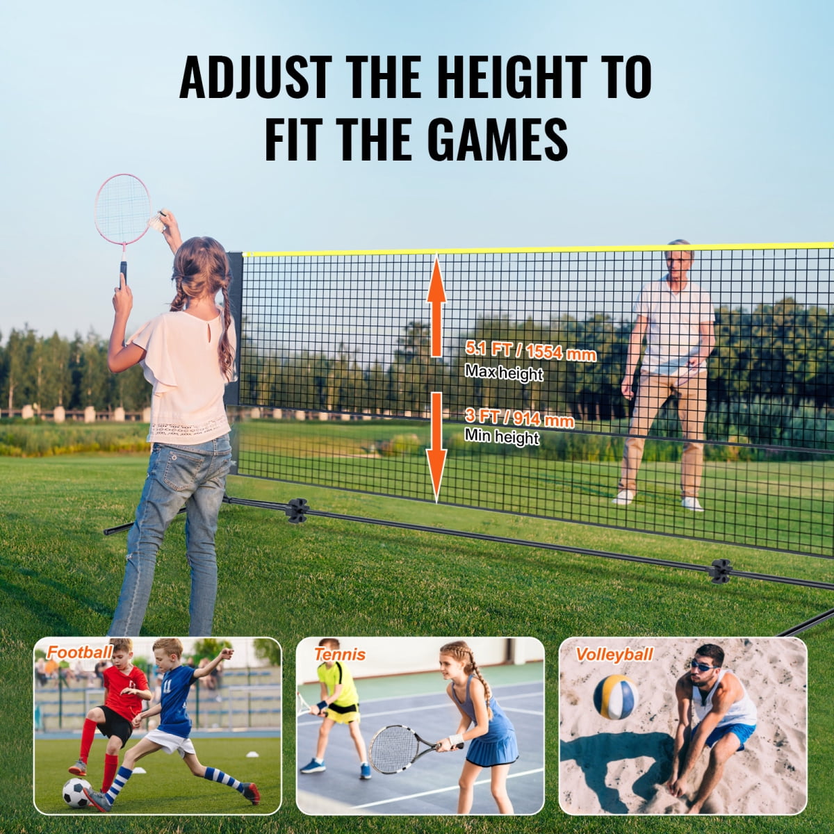 FENGFAN 14ft Foldable Multi-Sport Net Adjustable Height Portable Badminton Volleyball Pickleball Net Set 1 Pack