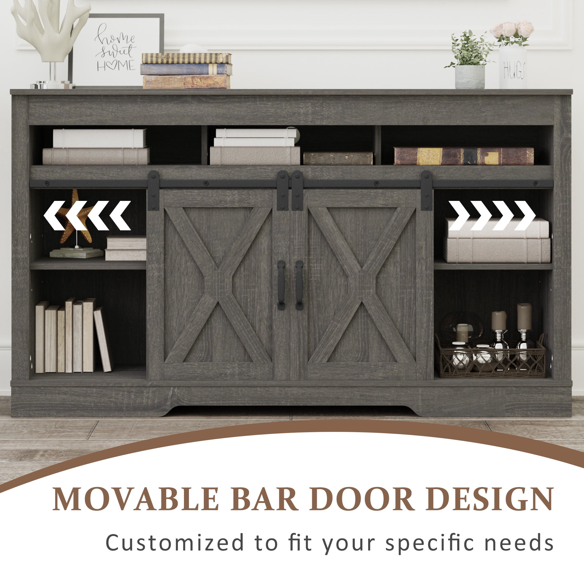Heynemo TV Stand for 70" TVs, Modern Media Console Storage Cabinet with Sliding Barn Doors, Wooden Entertainment Center for Living Room Bedroom, Dark Gray