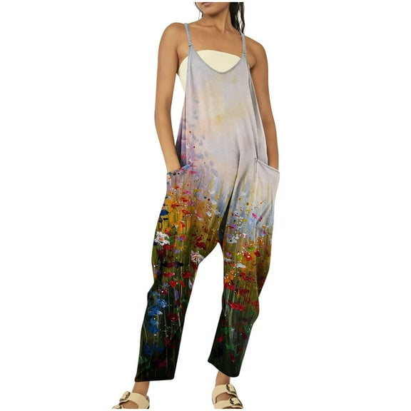 Wycnly Womens Jumpsuits Beach Loose Spaghetti Strap Jumpsuits Baggy Wide Leg Pocket Overalls Trendy Floral Print V-Neck Sleeveless Long Summer Rompers Khaki m