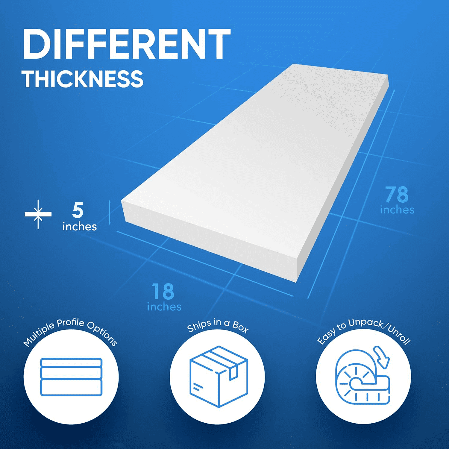 QOMFY 5" Height x 18" Width x 78" Length 1.8 Density 44ILD Firm Upholstery Foam Cushion Made in USA