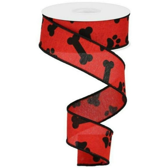 Paw Print & Dog Bone Wired Edge Ribbon, 10 Yards Red, Black, 1.5 Inch