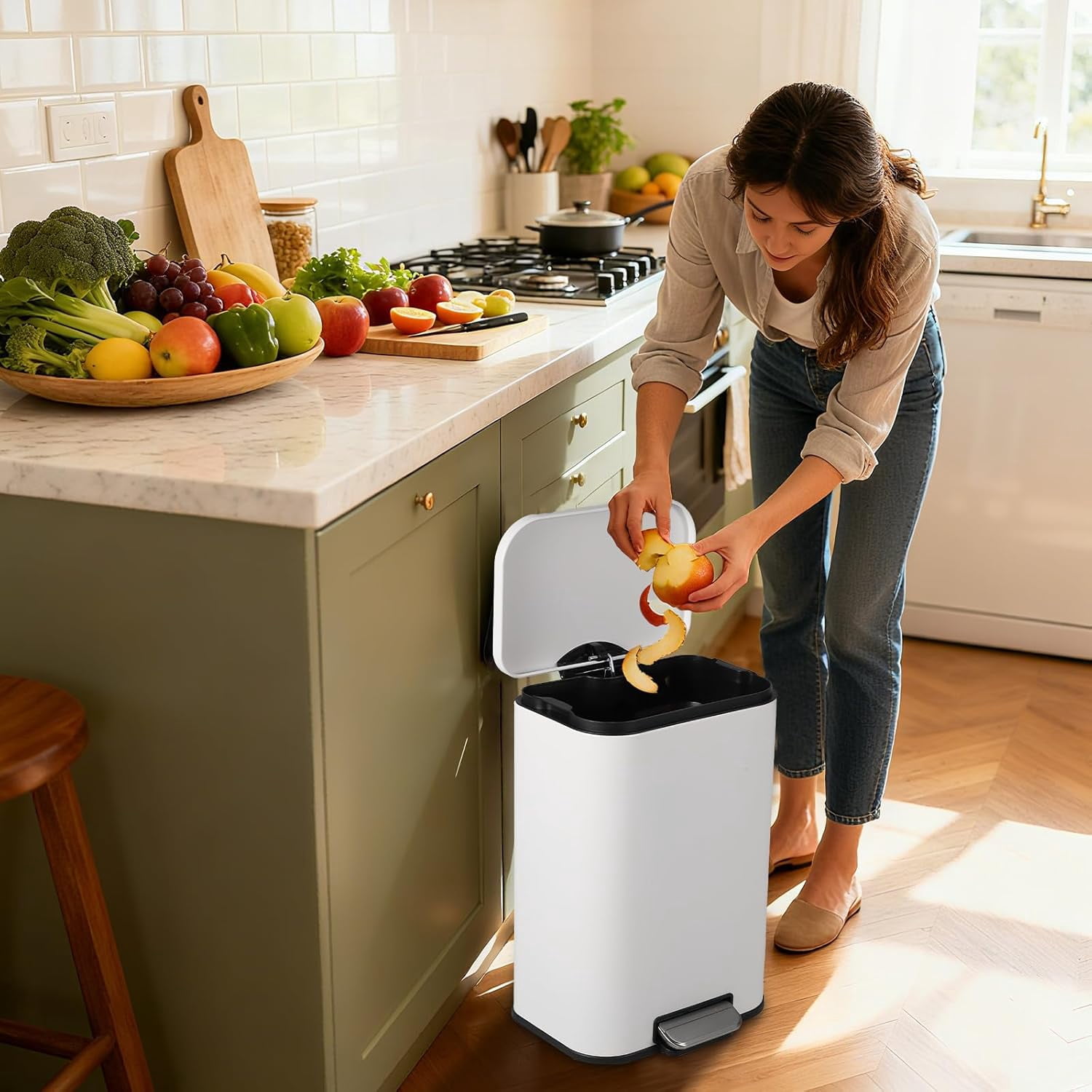 Trash Can for Kitchen, Stainless Steel Step Trash Can with Soft-Close Lid & Removable Inner Bucket, Rectangular Garbage Can for Office Bathroom Living Room