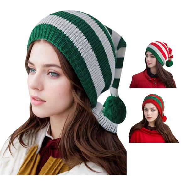 HNMKIU Santa Knitted Woolen Hat With Red Green For Men Women Autumn Winter Warm Comfortable Long Tail Hairball Green - One Size