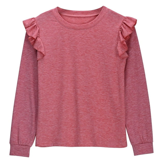 Besolor Toddler Girls Long Sleeve Shirts Kids Ruffle Crewneck Basic Tops Casual Solid Color Spring Fall Clothes Outfits