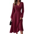 thumbnail image 1 of Vestido largo LaLalin para mujer, manga larga, cuello en V, cintura torcida, 1 of 7