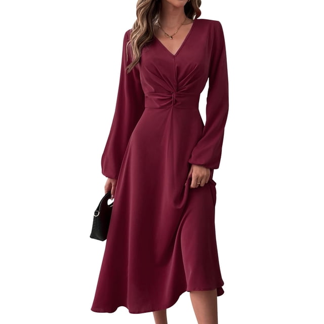 Vestido largo LaLalin para mujer, manga larga, cuello en V, cintura torcida