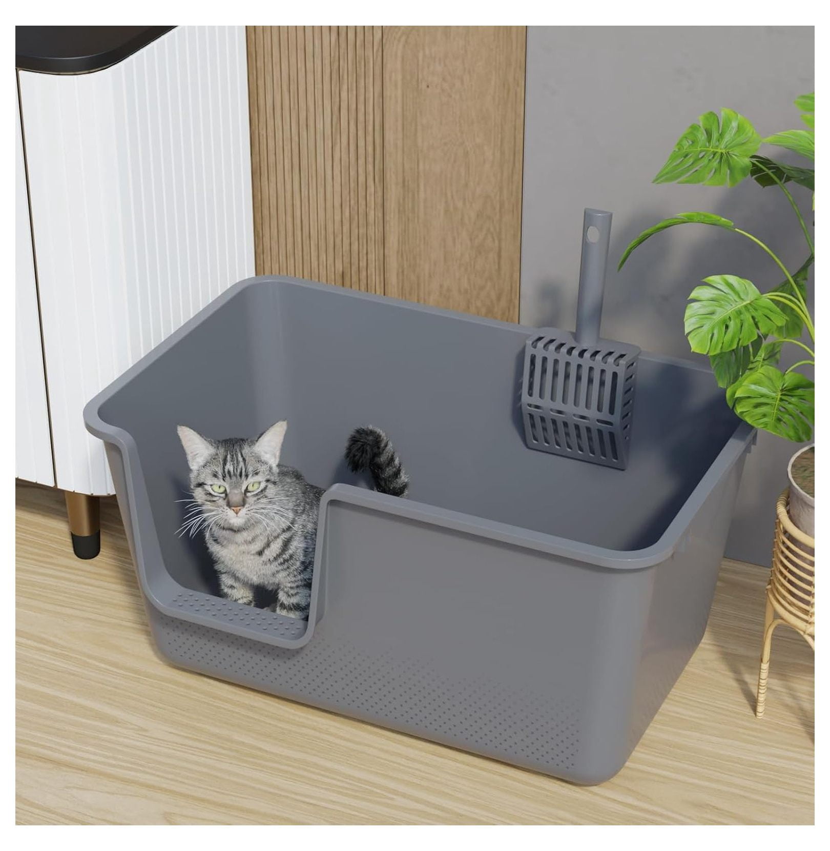 Cat Litter Boxes 2 Pack - Extra Large High Sided Pan, 24.35 x 15.12 x 12.9 Inch Gray - Open Top Cat Litter Box for Easy Access & Cleaning