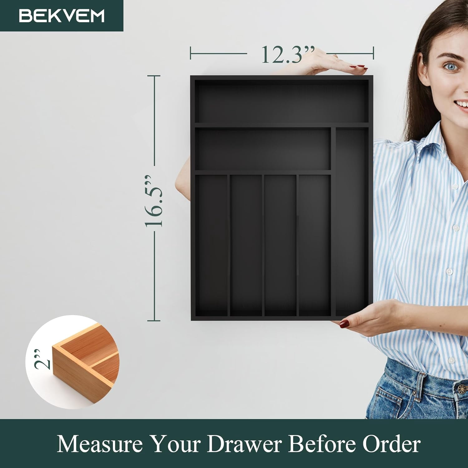 UniVerse Bamboo Silverware Organizer, Kitchen Drawer Organizer, Utensil Holder, Cutlery Tray & Spoon Flatware Storage with Grooved Drawer Dividers (7 Slots, Black)