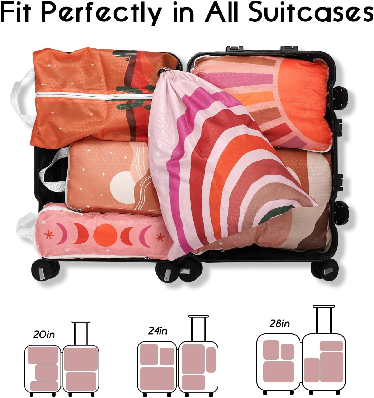 6 Set Compression Packing Cubes for Travel,Bohemia Packing Cubes for Suitcase Luggage Organizer Bags,Travel Essentials for Carry on Backpack,Ultralight and Waterproof(Boho Sunrise Sunset Moon)