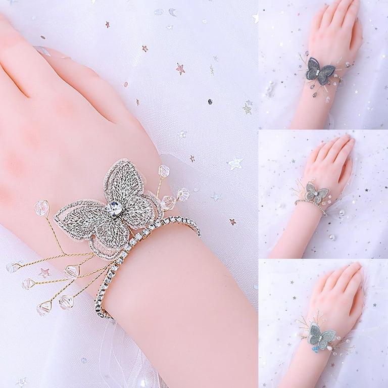 Dream Lifestyle Wrist Corsage with Butterfly Shape,Wristlet Band Bracelet  for Women Bride Bridesmaid White Wedding Prom Children Show Out 1PC 