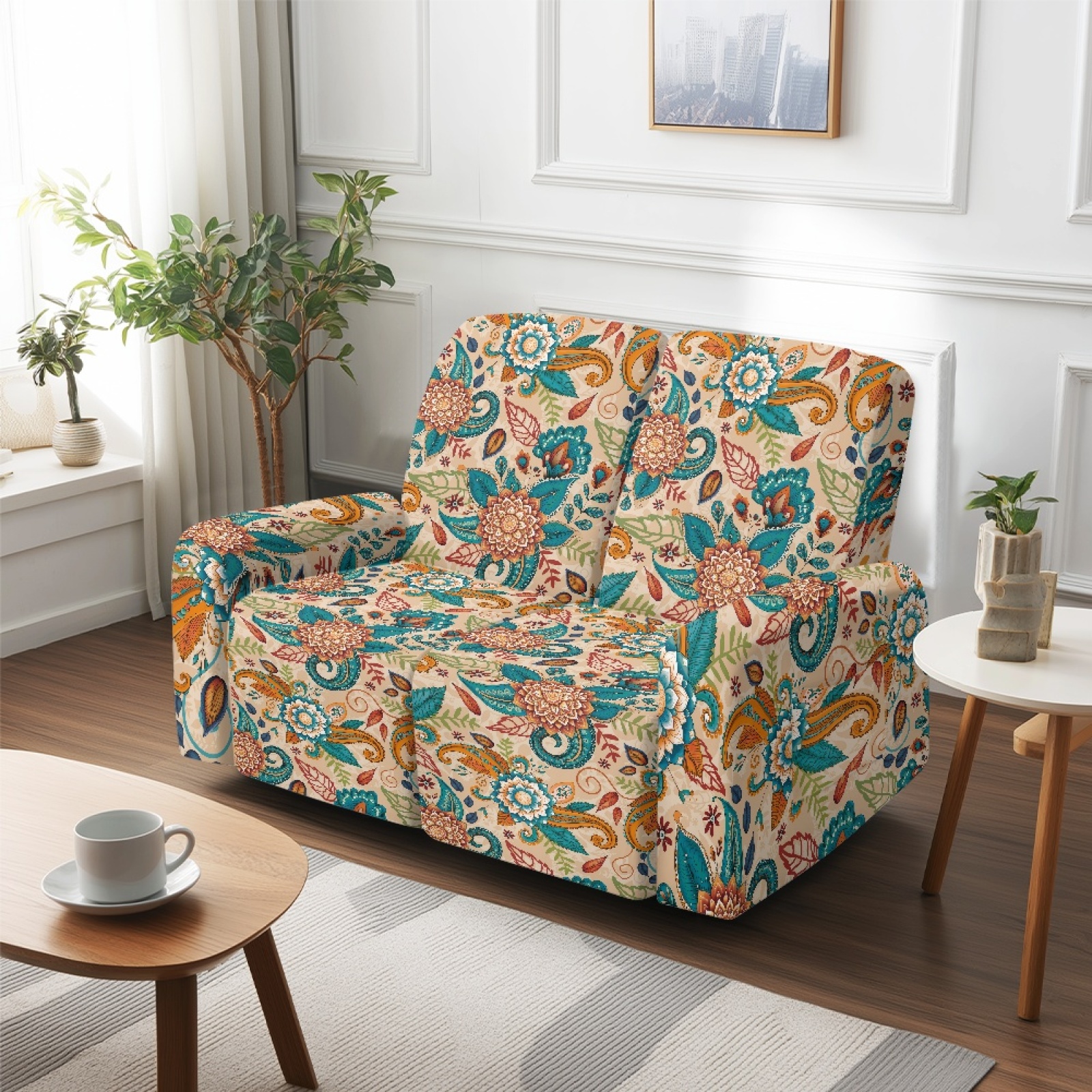 Xoenoiee Boho Mandala Paisley Flower Print 6 Pieces Stretch Recliner Loveseat Covers Soft Reclining Couch Cover with Pockets Anti-Slip Sofa Slipcovers Fitted Furniture Protector for Pet Kid