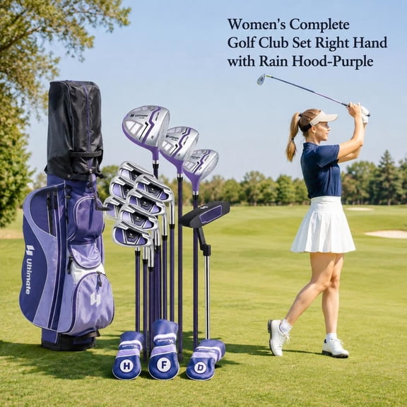 Women's Complete Golf Club Set, Right Hand, with Stand Bag, Rain Hood, Lightweight Graphite Shafts, Purple